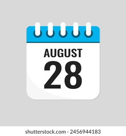 Vector icon page calendar day of month - 28 August. 28th day of month - Sunday, Monday, Tuesday, Wednesday, Thursday, Friday, Saturday. Anniversary, reminder, plan, to-do list. Calender on the wall