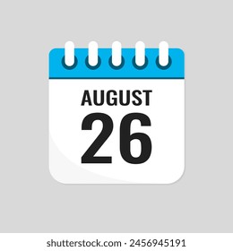 Icono de Vector página calendario día del mes - 26 de agosto. Día 26 del mes: domingo, lunes, martes, miércoles, jueves, viernes, sábado. Aniversario, recordatorio, Plan, lista de tareas. Calendario en la pared