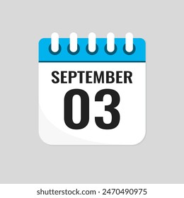 Vector icon page calendar day of month - 3 September. 3th day of month - Sunday, Monday, Tuesday, Wednesday, Thursday, Friday, Saturday. Anniversary, reminder, plan, to-do list. Calender on the wall