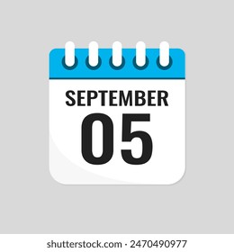 Vector icon page calendar day of month - 5 September. 5th day of month - Sunday, Monday, Tuesday, Wednesday, Thursday, Friday, Saturday. Anniversary, reminder, plan, to-do list. Calender on the wall
