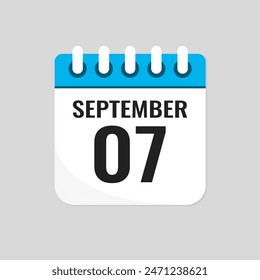Vector icon page calendar day of month - 7 September. 7th day of month - Sunday, Monday, Tuesday, Wednesday, Thursday, Friday, Saturday. Anniversary, reminder, plan, to-do list. Calender on the wall