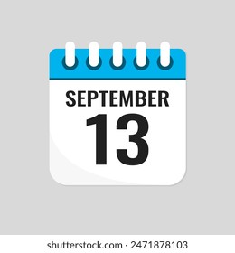 Vector icon page calendar day of month - 13 September. 13th day of month - Sunday, Monday, Tuesday, Wednesday, Thursday, Friday, Saturday. Anniversary, reminder, plan, to-do list. Calender on the wall