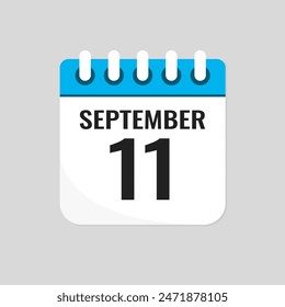 Vector icon page calendar day of month - 11 September. 11th day of month - Sunday, Monday, Tuesday, Wednesday, Thursday, Friday, Saturday. Anniversary, reminder, plan, to-do list. Calender on the wall