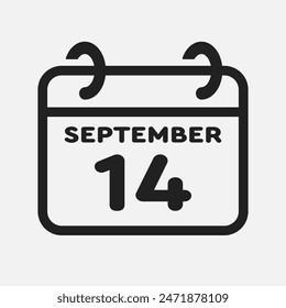 Vector icon page calendar day of month - 14 September. 14th day of month - Sunday, Monday, Tuesday, Wednesday, Thursday, Friday, Saturday. Anniversary, reminder, plan, to-do list. Calender on the wall
