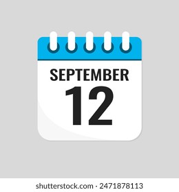 Vector icon page calendar day of month - 12 September. 12th day of month - Sunday, Monday, Tuesday, Wednesday, Thursday, Friday, Saturday. Anniversary, reminder, plan, to-do list. Calender on the wall