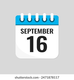 Vector icon page calendar day of month - 16 September. 16th day of month - Sunday, Monday, Tuesday, Wednesday, Thursday, Friday, Saturday. Anniversary, reminder, plan, to-do list. Calender on the wall