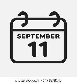 Vector icon page calendar day of month - 11 September. 11th day of month - Sunday, Monday, Tuesday, Wednesday, Thursday, Friday, Saturday. Anniversary, reminder, plan, to-do list. Calender on the wall