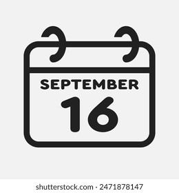 Vector icon page calendar day of month - 16 September. 16th day of month - Sunday, Monday, Tuesday, Wednesday, Thursday, Friday, Saturday. Anniversary, reminder, plan, to-do list. Calender on the wall