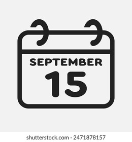 Vector icon page calendar day of month - 15 September. 15th day of month - Sunday, Monday, Tuesday, Wednesday, Thursday, Friday, Saturday. Anniversary, reminder, plan, to-do list. Calender on the wall