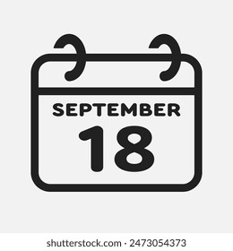 Vector icon page calendar day of month - 18 September. 18th day of month - Sunday, Monday, Tuesday, Wednesday, Thursday, Friday, Saturday. Anniversary, reminder, plan, to-do list. Calender on the wall