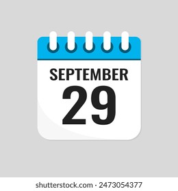 Vector icon page calendar day of month - 29 September. 29th day of month - Sunday, Monday, Tuesday, Wednesday, Thursday, Friday, Saturday. Anniversary, reminder, plan, to-do list. Calender on the wall