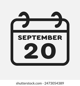 Vector icon page calendar day of month - 20 September. 20th day of month - Sunday, Monday, Tuesday, Wednesday, Thursday, Friday, Saturday. Anniversary, reminder, plan, to-do list. Calender on the wall