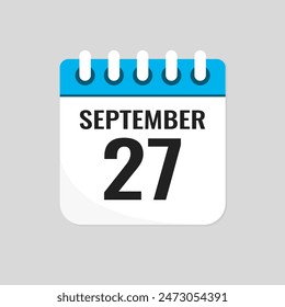 Vector icon page calendar day of month - 27 September. 27th day of month - Sunday, Monday, Tuesday, Wednesday, Thursday, Friday, Saturday. Anniversary, reminder, plan, to-do list. Calender on the wall