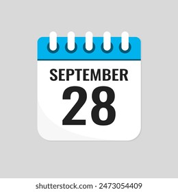 Vektorgrafik-Symbol-Seite Kalendertag des Monats - 28. September. 28. Tag des Monats - Sonntag, Montag, Dienstag, Mittwoch, Donnerstag, Freitag, Samstag. Jahrestag, Erinnerung, Paket, Aufgabenliste. Kalander an der Wand