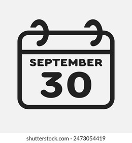 Icono de Vector página calendario día del mes - 30 de septiembre. Día 30 del mes: domingo, lunes, martes, miércoles, jueves, viernes, sábado. Aniversario, recordatorio, Plan, lista de tareas. Calendario en la pared