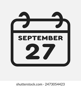 Vector icon page calendar day of month - 27 September. 27th day of month - Sunday, Monday, Tuesday, Wednesday, Thursday, Friday, Saturday. Anniversary, reminder, plan, to-do list. Calender on the wall