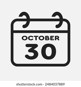Icono de Vector página calendario día del mes - 30 de octubre. Día 30 del mes: domingo, lunes, martes, miércoles, jueves, viernes, sábado. Aniversario, recordatorio, Plan, lista de tareas. Calendario en la pared