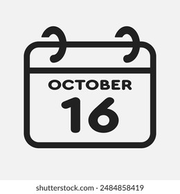 Vector icon page calendar day of month - 16 October. 16th day of month - Sunday, Monday, Tuesday, Wednesday, Thursday, Friday, Saturday. Anniversary, reminder, plan, to-do list. Calender on the wall