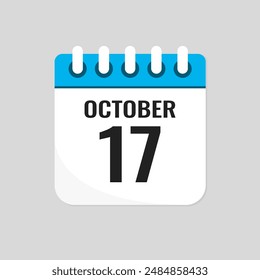 Vector icon page calendar day of month - 17 October. 17th day of month - Sunday, Monday, Tuesday, Wednesday, Thursday, Friday, Saturday. Anniversary, reminder, plan, to-do list. Calender on the wall