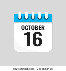 Vector icon page calendar day of month - 16 October. 16th day of month - Sunday, Monday, Tuesday, Wednesday, Thursday, Friday, Saturday. Anniversary, reminder, plan, to-do list. Calender on the wall