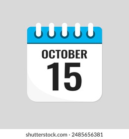 Vector icon page calendar day of month - 15 October. 15th day of month - Sunday, Monday, Tuesday, Wednesday, Thursday, Friday, Saturday. Anniversary, reminder, plan, to-do list. Calender on the wall