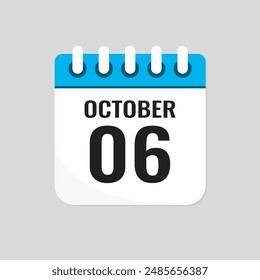 Vector icon page calendar day of month - 6 October. 6th day of month - Sunday, Monday, Tuesday, Wednesday, Thursday, Friday, Saturday. Anniversary, reminder, plan, to-do list. Calender on the wall