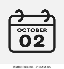 Icono de Vector página calendario día del mes - 2 de octubre. Segundo día del mes: domingo, lunes, martes, miércoles, jueves, viernes, sábado. Aniversario, recordatorio, Plan, lista de tareas. Calendario en la pared