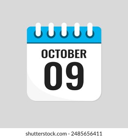 Vector icon page calendar day of month - 9 October. 9th day of month - Sunday, Monday, Tuesday, Wednesday, Thursday, Friday, Saturday. Anniversary, reminder, plan, to-do list. Calender on the wall