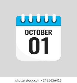 Vector icon page calendar day of month - 1 October. 1th day of month - Sunday, Monday, Tuesday, Wednesday, Thursday, Friday, Saturday. Anniversary, reminder, plan, to-do list. Calender on the wall