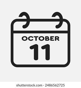 Vector icon page calendar day of month - 11 October. 11th day of month - Sunday, Monday, Tuesday, Wednesday, Thursday, Friday, Saturday. Anniversary, reminder, plan, to-do list. Calender on the wall