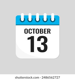 Vector icon page calendar day of month - 13 October. 13th day of month - Sunday, Monday, Tuesday, Wednesday, Thursday, Friday, Saturday. Anniversary, reminder, plan, to-do list. Calender on the wall