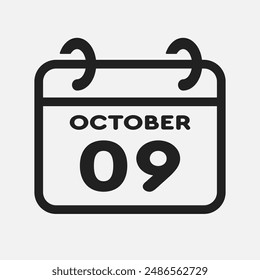 Vector icon page calendar day of month - 9 October. 9th day of month - Sunday, Monday, Tuesday, Wednesday, Thursday, Friday, Saturday. Anniversary, reminder, plan, to-do list. Calender on the wall