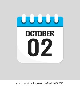 Vector icon page calendar day of month - 2 October. 2th day of month - Sunday, Monday, Tuesday, Wednesday, Thursday, Friday, Saturday. Anniversary, reminder, plan, to-do list. Calender on the wall