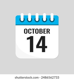 Vector icon page calendar day of month - 14 October. 14th day of month - Sunday, Monday, Tuesday, Wednesday, Thursday, Friday, Saturday. Anniversary, reminder, plan, to-do list. Calender on the wall