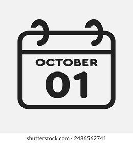 Vector icon page calendar day of month - 1 October. 1th day of month - Sunday, Monday, Tuesday, Wednesday, Thursday, Friday, Saturday. Anniversary, reminder, plan, to-do list. Calender on the wall