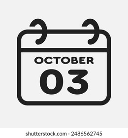 Icono de Vector página calendario día del mes - 3 de octubre. Tercer día del mes: domingo, lunes, martes, miércoles, jueves, viernes, sábado. Aniversario, recordatorio, Plan, lista de tareas. Calendario en la pared