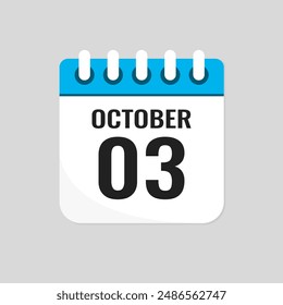 Icono de Vector página calendario día del mes - 3 de octubre. Tercer día del mes: domingo, lunes, martes, miércoles, jueves, viernes, sábado. Aniversario, recordatorio, Plan, lista de tareas. Calendario en la pared