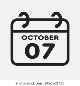 Vector icon page calendar day of month - 7 October. 7th day of month - Sunday, Monday, Tuesday, Wednesday, Thursday, Friday, Saturday. Anniversary, reminder, plan, to-do list. Calender on the wall