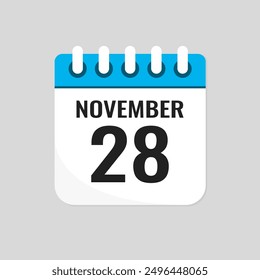 Vector icon page calendar day of month - 28 November. 28th day of month - Sunday, Monday, Tuesday, Wednesday, Thursday, Friday, Saturday. Anniversary, reminder, plan, to-do list. Calender on the wall
