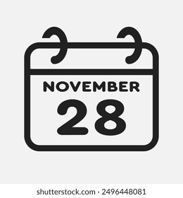 Vector icon page calendar day of month - 28 November. 28th day of month - Sunday, Monday, Tuesday, Wednesday, Thursday, Friday, Saturday. Anniversary, reminder, plan, to-do list. Calender on the wall