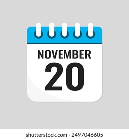 Vector icon page calendar day of month - 20 November. 20th day of month - Sunday, Monday, Tuesday, Wednesday, Thursday, Friday, Saturday. Anniversary, reminder, plan, to-do list. Calender on the wall