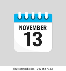 Vector icon page calendar day of month - 13 November. 13th day of month - Sunday, Monday, Tuesday, Wednesday, Thursday, Friday, Saturday. Anniversary, reminder, plan, to-do list. Calender on the wall