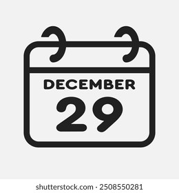 Vector icono de página día calendario del mes - 29 de diciembre. Día 29 del mes - Domingo, Lunes, Martes, Miércoles, Jueves, Viernes, Sábado. Aniversario, recordatorio, Plan, lista de cosas por hacer. Calendario en la pared