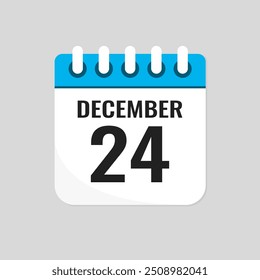 Vector icon page calendar day of month - 24 December. 24th day of month - Sunday, Monday, Tuesday, Wednesday, Thursday, Friday, Saturday. Anniversary, reminder, plan, to-do list. Calender on the wall
