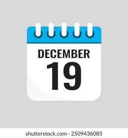 Vector icon page calendar day of month - 19 December. 19th day of month - Sunday, Monday, Tuesday, Wednesday, Thursday, Friday, Saturday. Anniversary, reminder, plan, to-do list. Calender on the wall