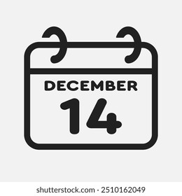 Vector icon page calendar day of month - 14 December. 14th day of month - Sunday, Monday, Tuesday, Wednesday, Thursday, Friday, Saturday. Anniversary, reminder, plan, to-do list. Calender on the wall