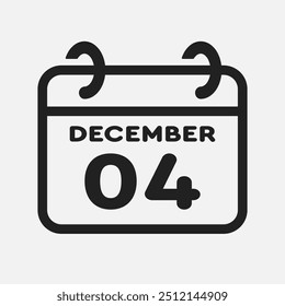 Vector icon page calendar day of month - 4 December. 4th day of month - Sunday, Monday, Tuesday, Wednesday, Thursday, Friday, Saturday. Anniversary, reminder, plan, to-do list. Calender on the wall
