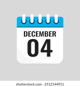 Vector icon page calendar day of month - 4 December. 4th day of month - Sunday, Monday, Tuesday, Wednesday, Thursday, Friday, Saturday. Anniversary, reminder, plan, to-do list. Calender on the wall