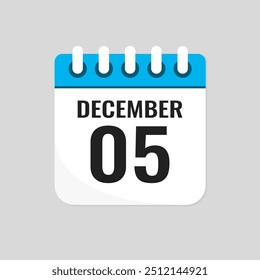 Vector icon page calendar day of month - 5 December. 5th day of month - Sunday, Monday, Tuesday, Wednesday, Thursday, Friday, Saturday. Anniversary, reminder, plan, to-do list. Calender on the wall