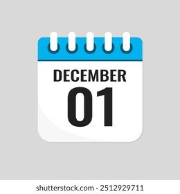 Vector icono de página día calendario del mes - 1 de diciembre. 1º día del mes - Domingo, Lunes, Martes, Miércoles, Jueves, Viernes, Sábado. Aniversario, recordatorio, Plan, lista de cosas por hacer. Calendario en la pared